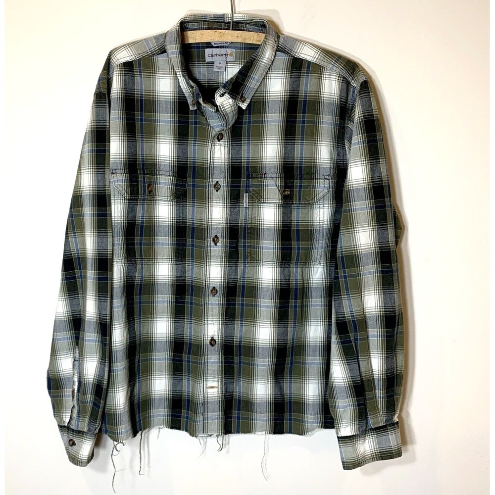 Carhartt Shirt Mens XL Plaid Green Black White Cut Off Hem 100% Cotton GRUNGE